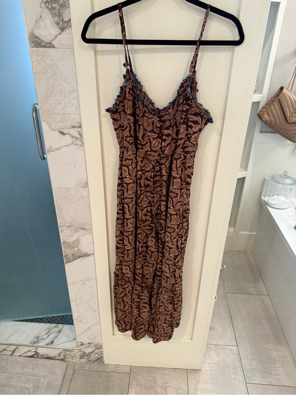 NATURAL LIFE Brown Printed Spaghetti-Strap Maxi Dress with Blue Trim